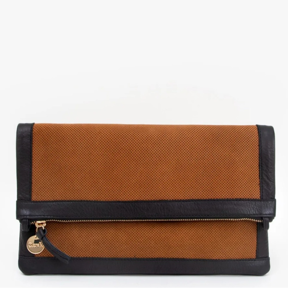 Clare V Foldover Clutch w/ Tabs in Cognac Perf Suede w/ Black Neptune Border